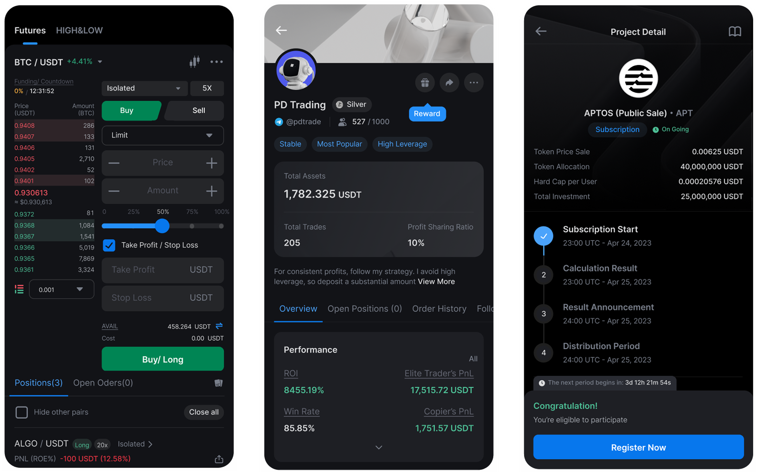 Bitcastle mobile app — futures order ticket, copy-trading profile and launchpad project detail
