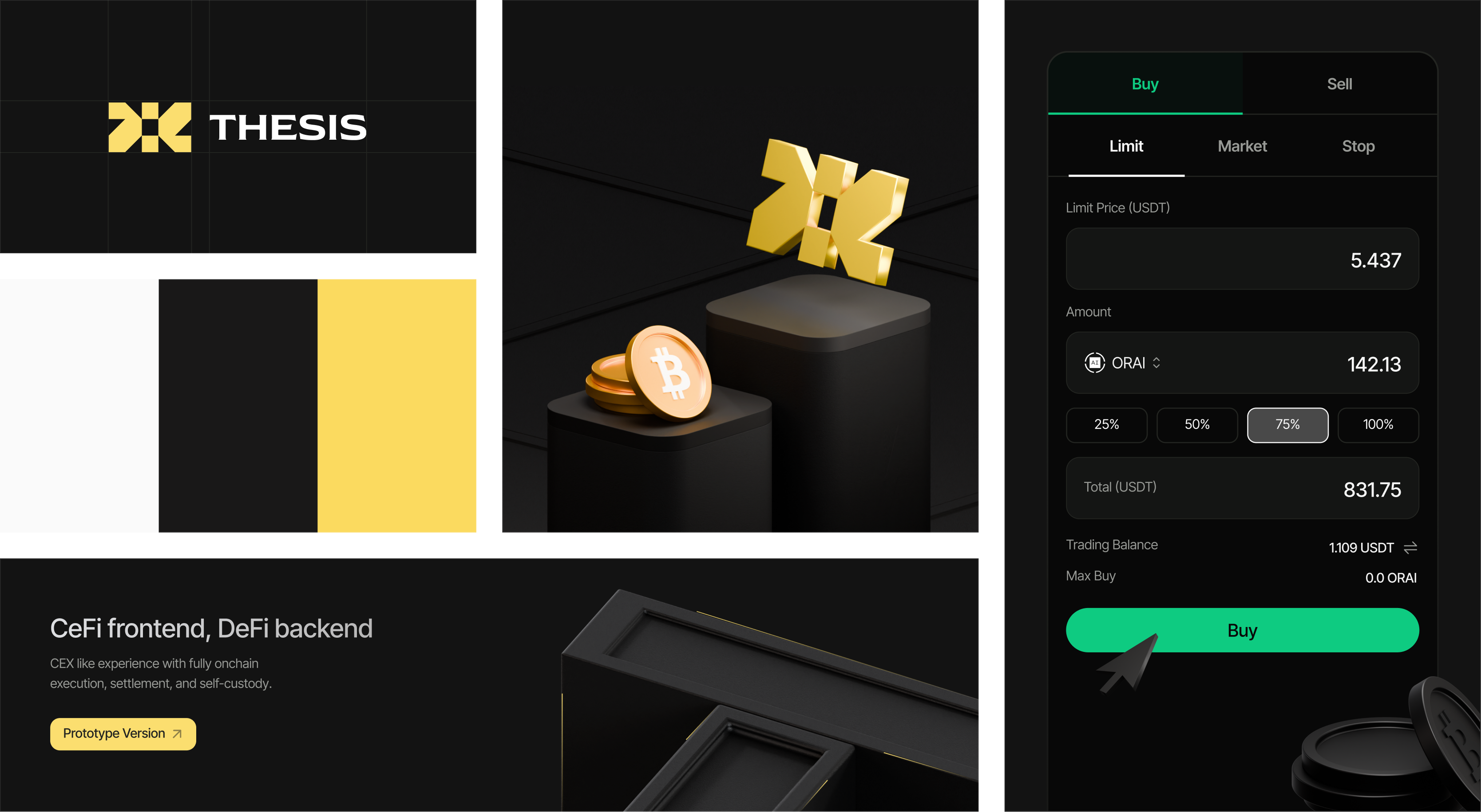 Thesis Exchange branding — logo lockup, palette, 3D key visual, trade panel and the “CeFi frontend, DeFi backend” banner